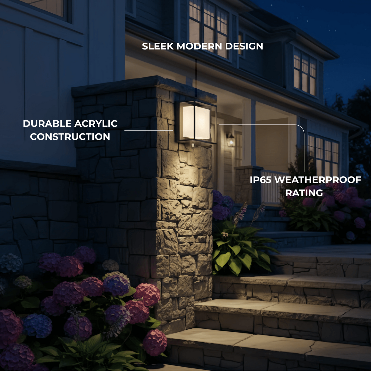 Arcato Modern Rectangular Outdoor Wall Sconce – Black Acrylic Solar Light with Sensor