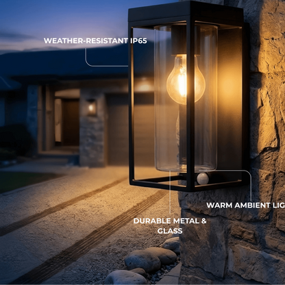 Irondale Modern Rectangular Solar Wall Sconce with Sensor – Black Metal/Glass Outdoor