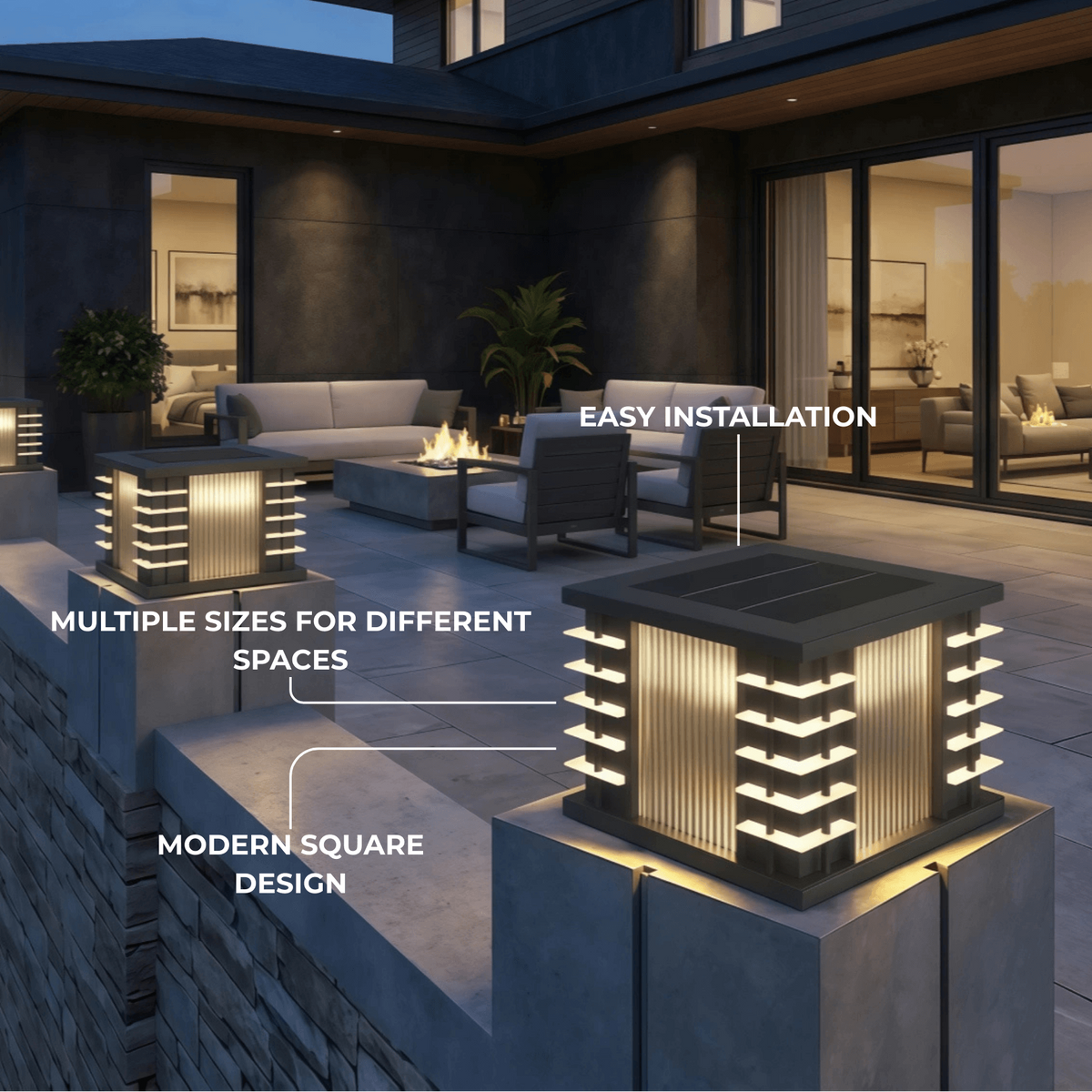 Stellar Modern Solar Outdoor Pillar Lights - Square Metal & Acrylic Glass Garden