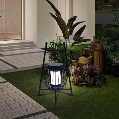 Irondale Industrial Solar Outdoor Floor Lamp – Black Cylindrical Metal Design for Garden