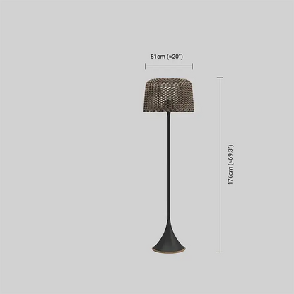 Bamburo Vintage Rattan Solar Outdoor Floor Lamp – Black Metal Hooded Terrace