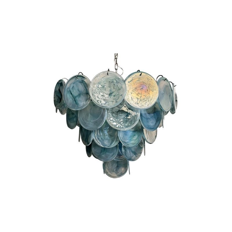 Nuvlight "A modern, round chandelier with cascading blue and iridescent glass discs, suspended by a chain."