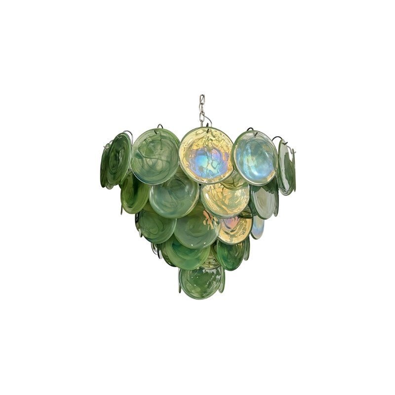 Nuvlight "A modern, round chandelier with cascading green and iridescent glass discs, suspended by a chain."