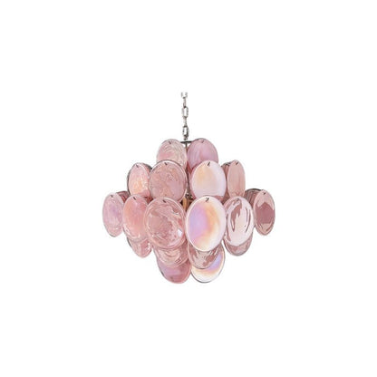 Nuvlight "A modern, round chandelier with cascading pink and iridescent glass discs, suspended by a chain."