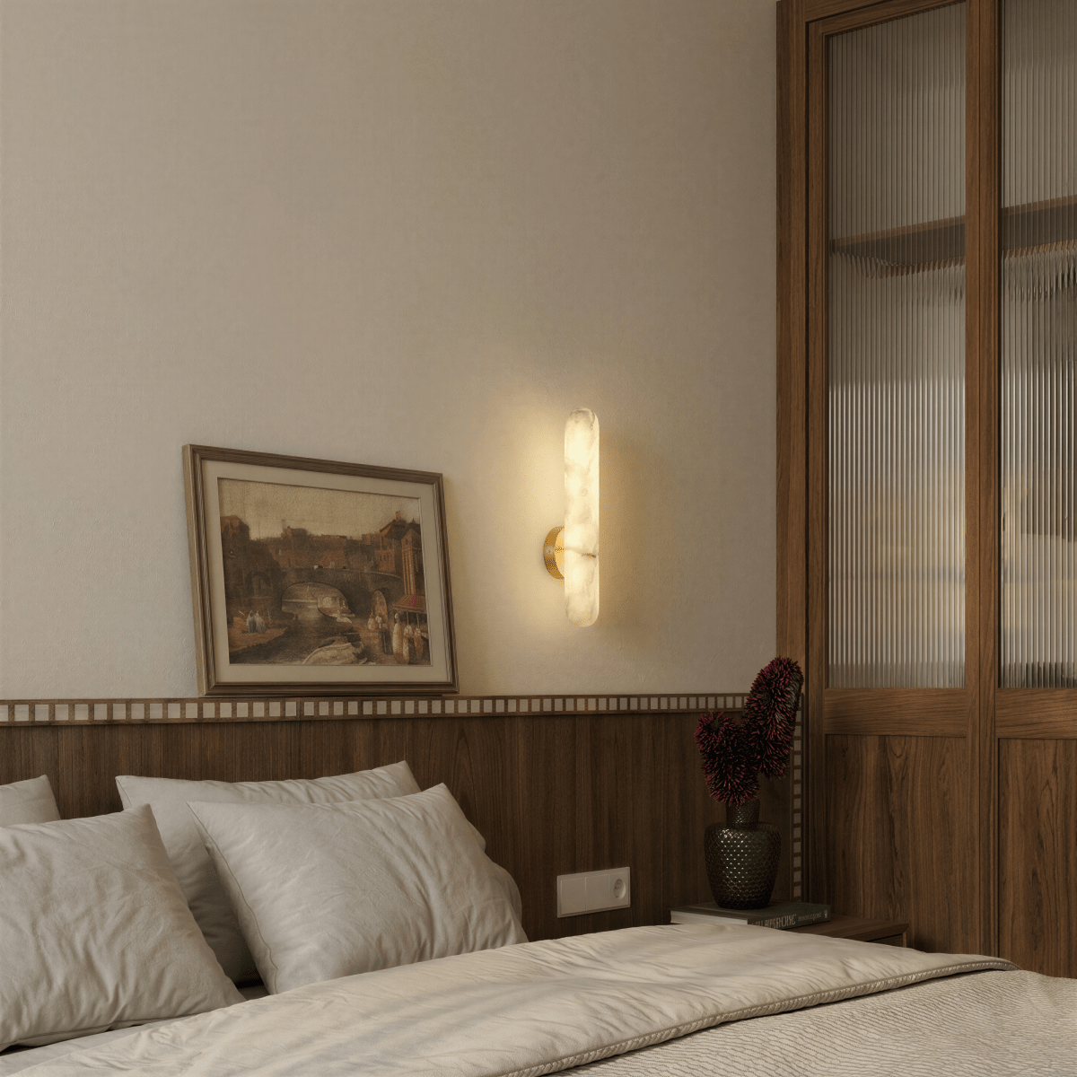 nuvlight Aelis Modernist Alabaster and Copper Vertical Wall Sconce