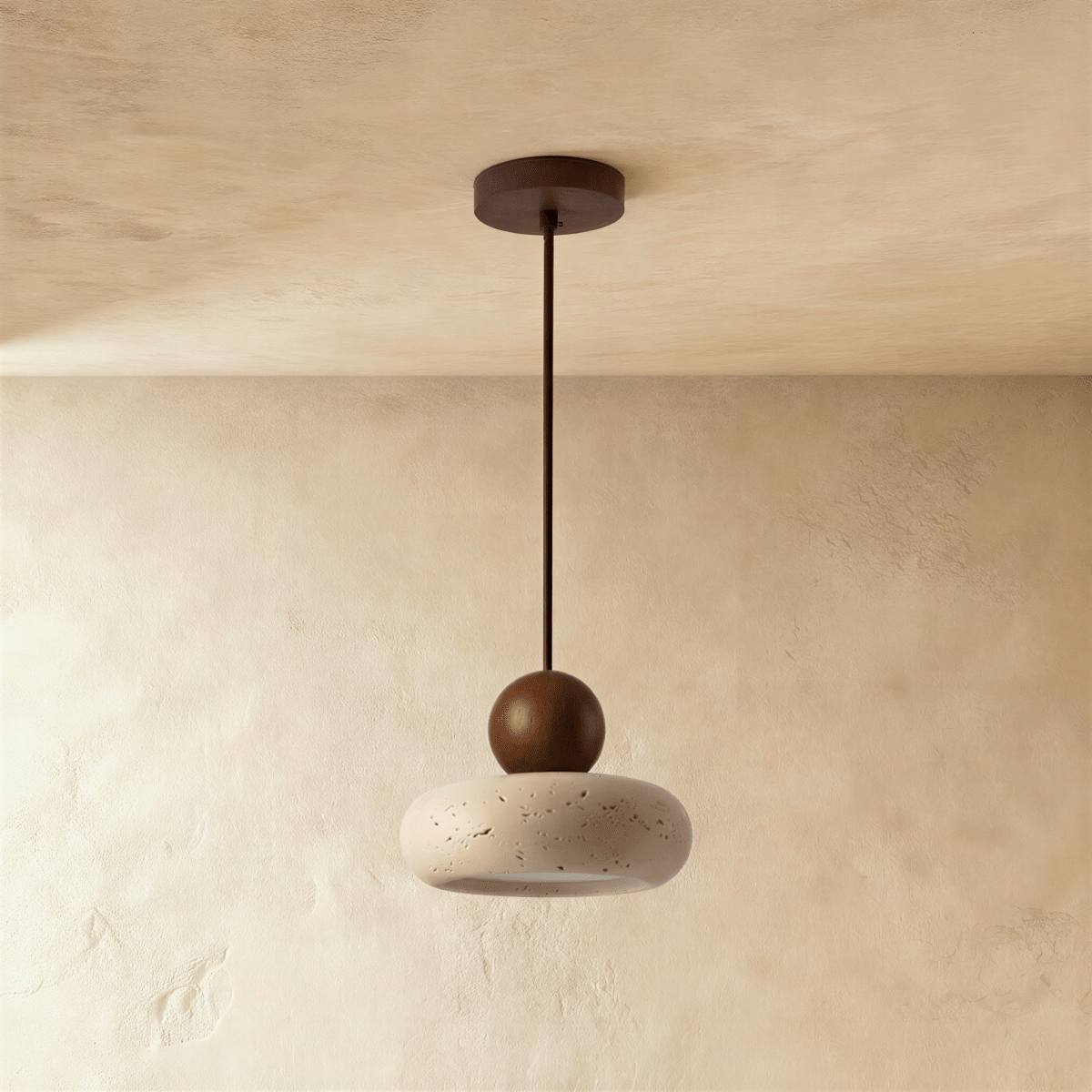 nuvlight Aren Modernist Travertine and Wood Sculptural Pendant Light