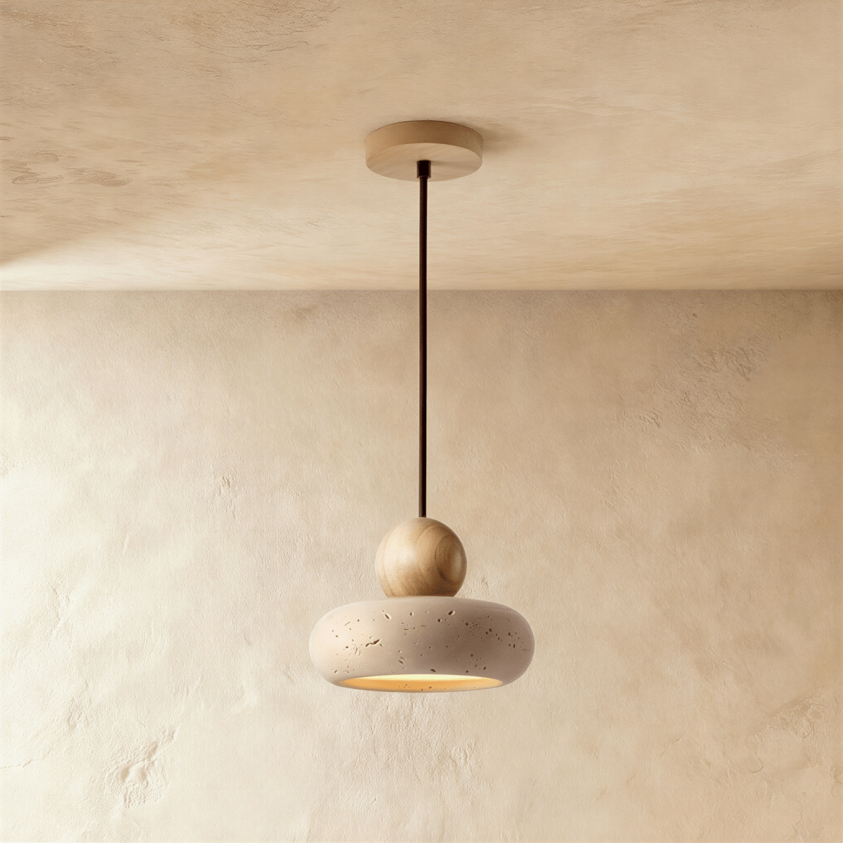 nuvlight Aren Modernist Travertine and Wood Sculptural Pendant Light