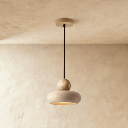 nuvlight Aren Modernist Travertine and Wood Sculptural Pendant Light