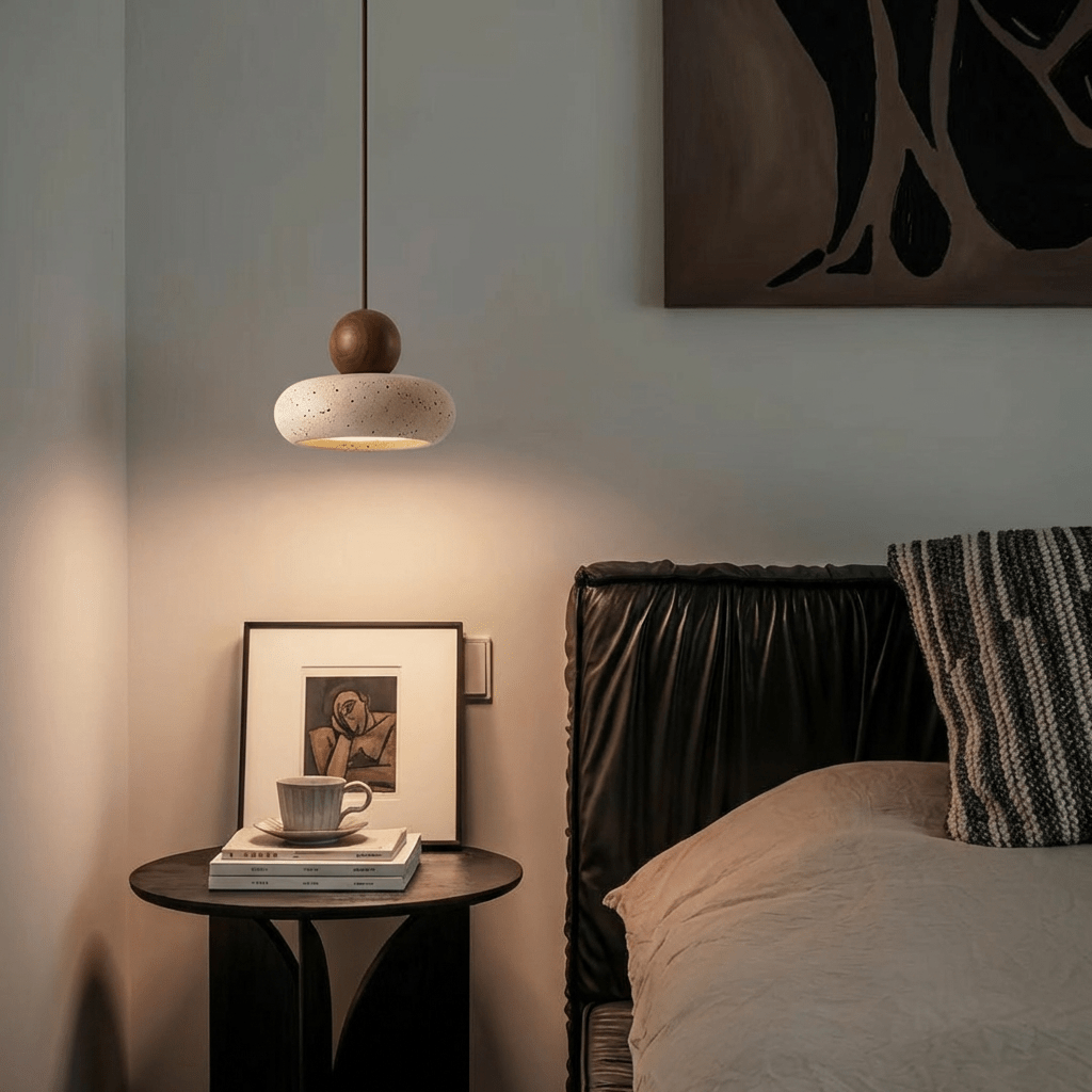 nuvlight Aren Modernist Travertine and Wood Sculptural Pendant Light