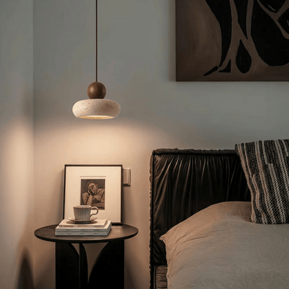 nuvlight Aren Modernist Travertine and Wood Sculptural Pendant Light