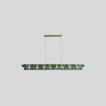 "Isolated iron Salane chandelier with layered blue glass elements, centered on a light grey background."