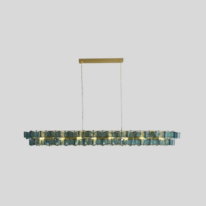 "Isolated iron Salane chandelier with layered blue glass elements on a light grey background."