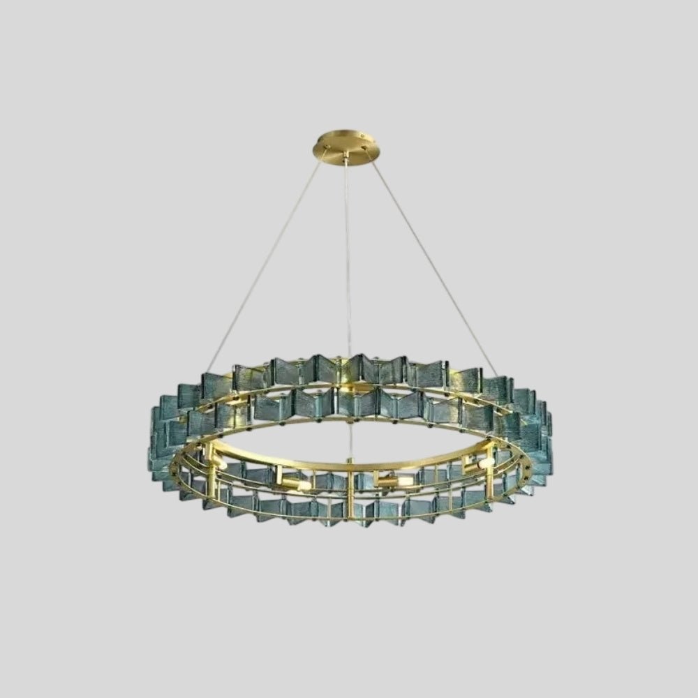 "Round iron Salane chandelier with layered blue glass elements, centered isolated on a light grey background."