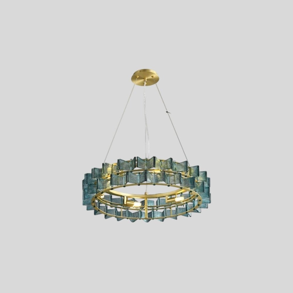 "Round iron Salane chandelier with layered blue glass elements, isolated on a light grey background."